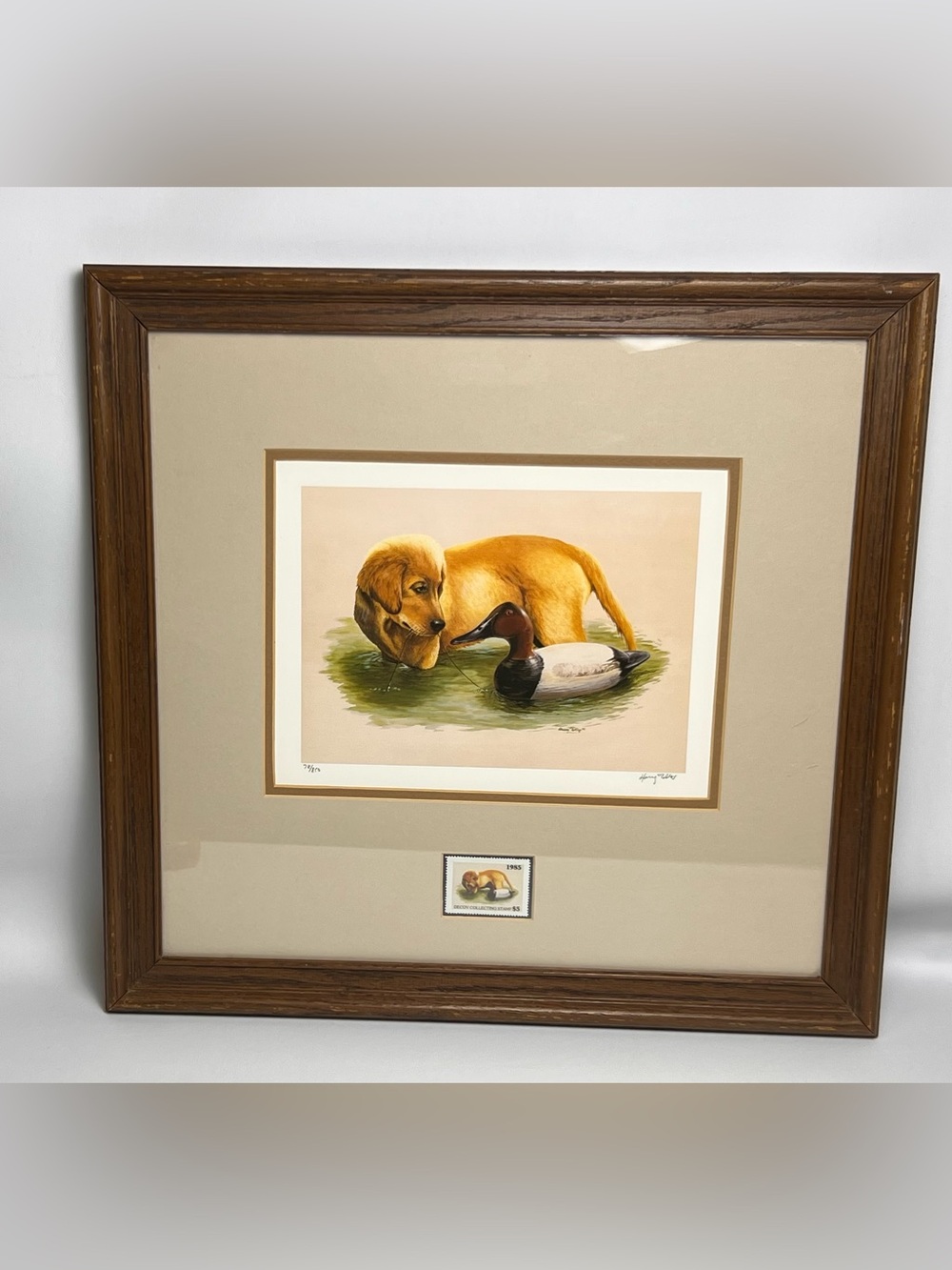 Harry Tollas Signed Numbered 78 Retriever Duck Decoy Framed Print 1985 Stamp